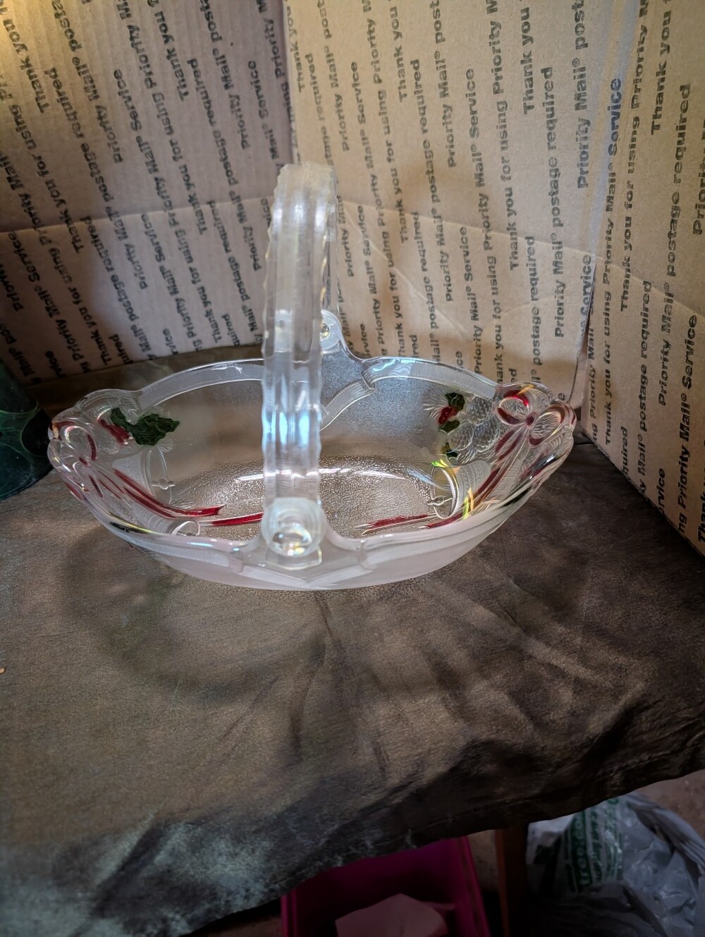 Mikasa Festive Glass Serving Bowl with Red Ribbon and Holly Accent